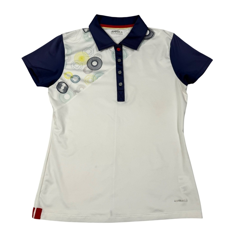 Annika Cutter & Buck Womens Golf Polo Shirt White Navy Blue Geometric Size S